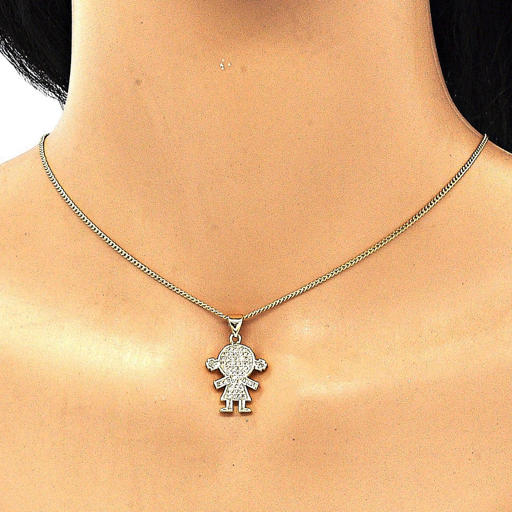 Oro Laminado Pendant Necklace, Gold Filled Style Little Girl Design, with White Micro Pave, Polished, Golden Finish