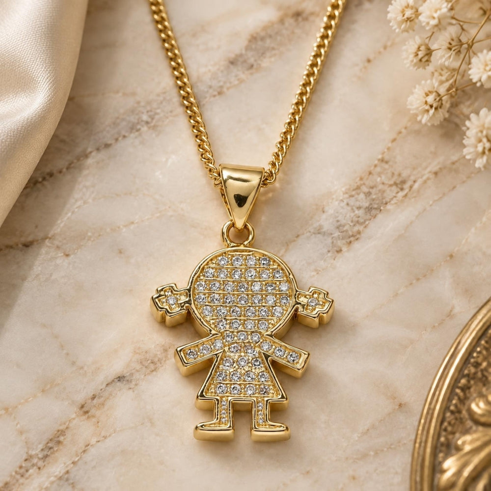Oro Laminado Pendant Necklace, Gold Filled Style Little Girl Design, with White Micro Pave, Polished, Golden Finish