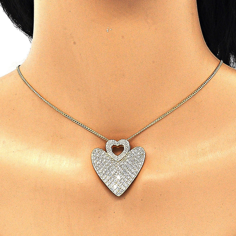 Oro Laminado Pendant Necklace, Gold Filled Style Heart Design, with White Micro Pave, Polished, Golden Finish