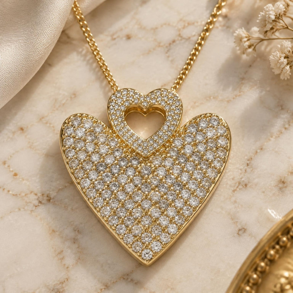 Oro Laminado Pendant Necklace, Gold Filled Style Heart Design, with White Micro Pave, Polished, Golden Finish