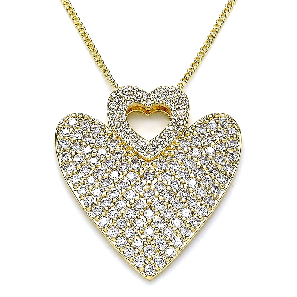 Oro Laminado Pendant Necklace, Gold Filled Style Heart Design, with White Micro Pave, Polished, Golden Finish
