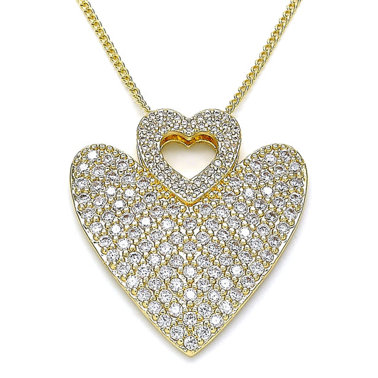 Oro Laminado Pendant Necklace, Gold Filled Style Heart Design, with White Micro Pave, Polished, Golden Finish