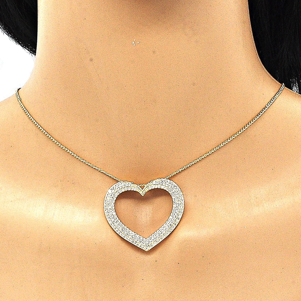 Oro Laminado Pendant Necklace, Gold Filled Style Heart Design, with White Micro Pave, Polished, Golden Finish