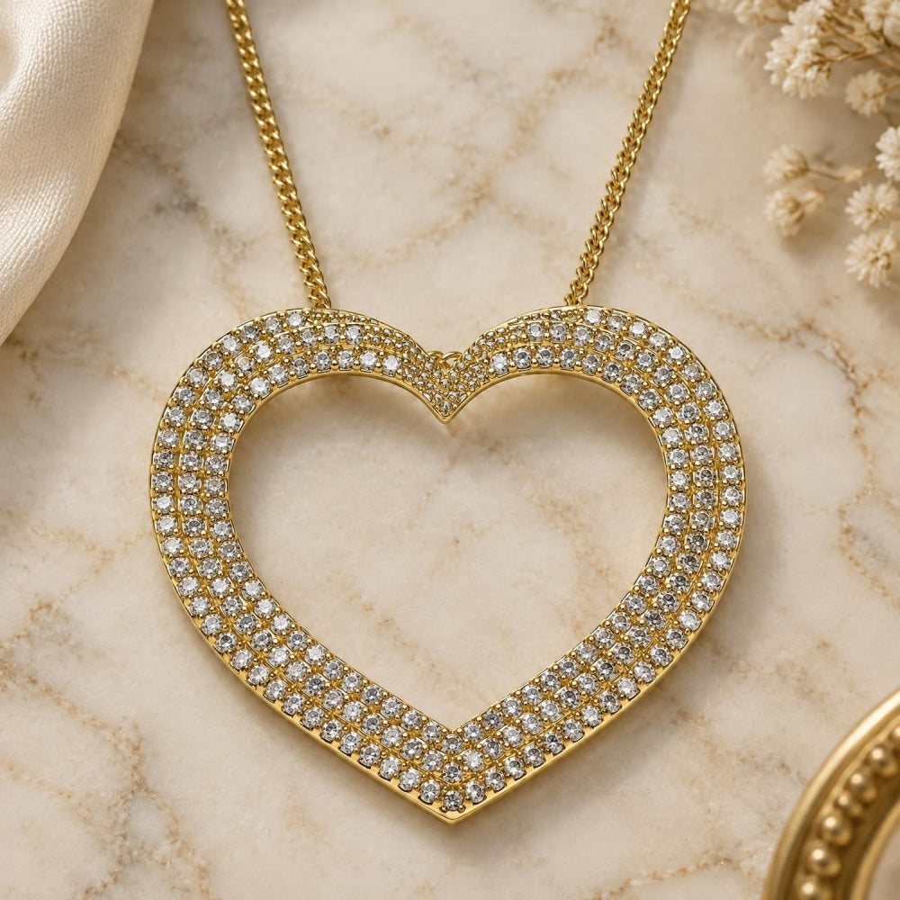 Oro Laminado Pendant Necklace, Gold Filled Style Heart Design, with White Micro Pave, Polished, Golden Finish