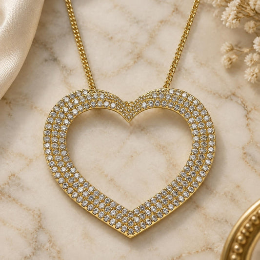 Oro Laminado Pendant Necklace, Gold Filled Style Heart Design, with White Micro Pave, Polished, Golden Finish