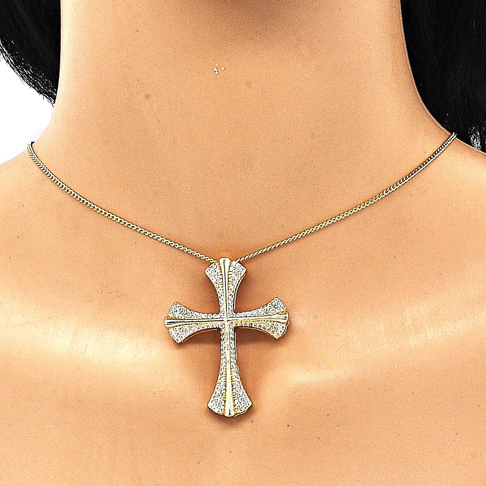 Oro Laminado Pendant Necklace, Gold Filled Style Cross Design, with White Micro Pave, Polished, Golden Finish