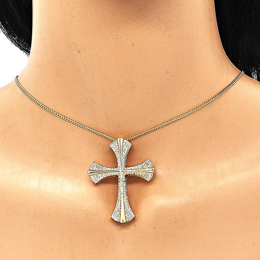 Oro Laminado Pendant Necklace, Gold Filled Style Cross Design, with White Micro Pave, Polished, Golden Finish