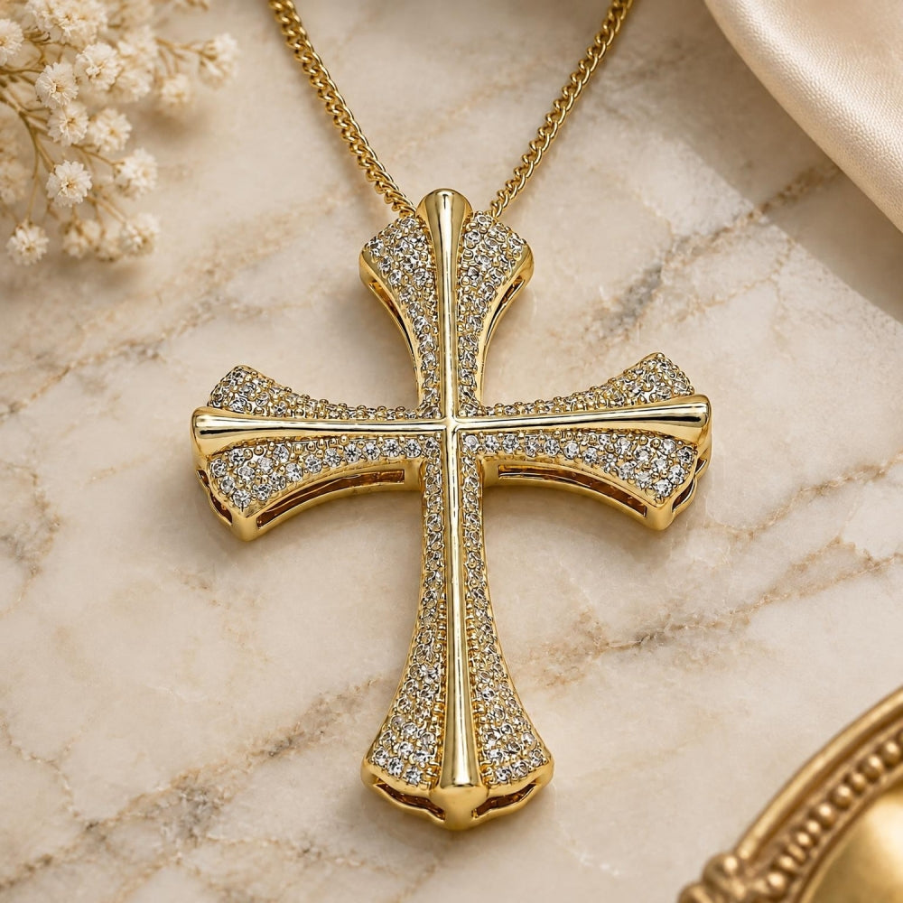Oro Laminado Pendant Necklace, Gold Filled Style Cross Design, with White Micro Pave, Polished, Golden Finish