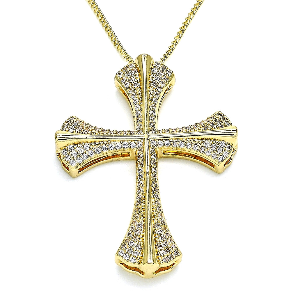 Oro Laminado Pendant Necklace, Gold Filled Style Cross Design, with White Micro Pave, Polished, Golden Finish