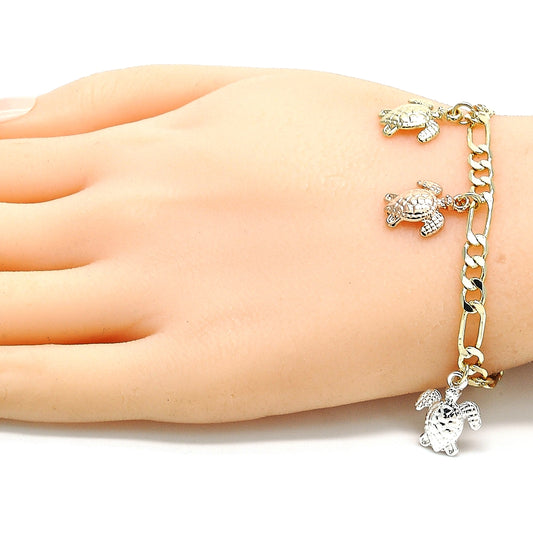 Oro Laminado Charm Bracelet, Gold Filled Style Turtle Design, Polished, Tricolor