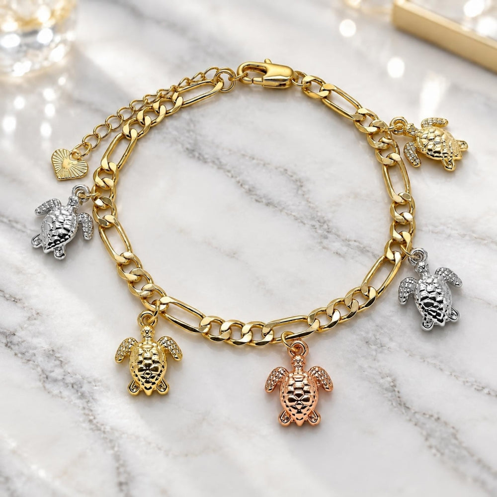 Oro Laminado Charm Bracelet, Gold Filled Style Turtle Design, Polished, Tricolor