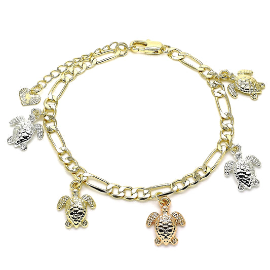 Oro Laminado Charm Bracelet, Gold Filled Style Turtle Design, Polished, Tricolor
