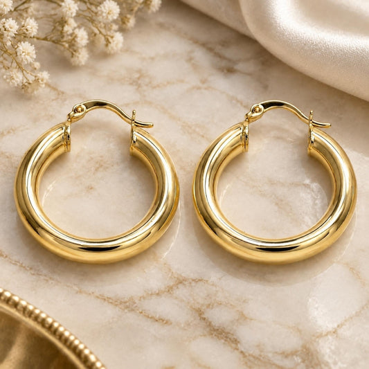 Oro Laminado Medium Hoop, Gold Filled Style Hollow Design, Polished, Golden Finish