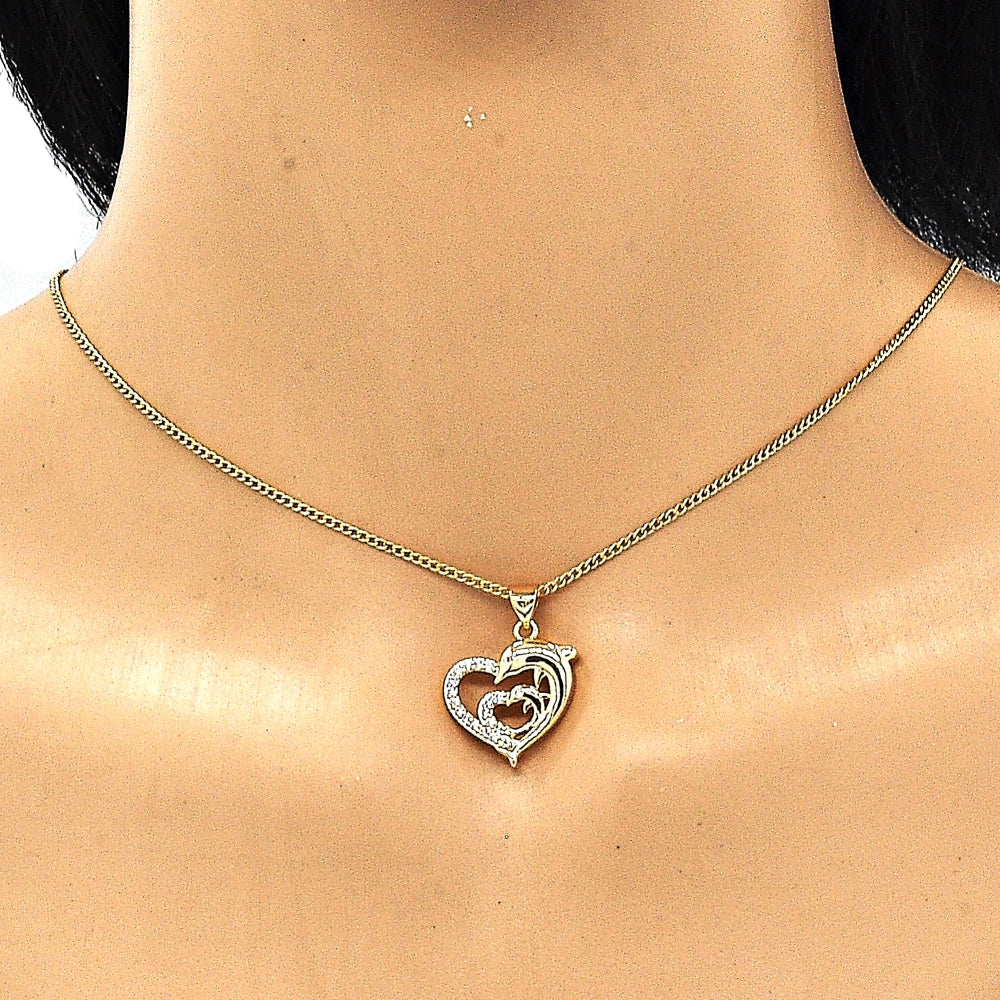 Oro Laminado Pendant Necklace, Gold Filled Style Heart and Dolphin Design, with White and Black Micro Pave, Polished, Golden Finish