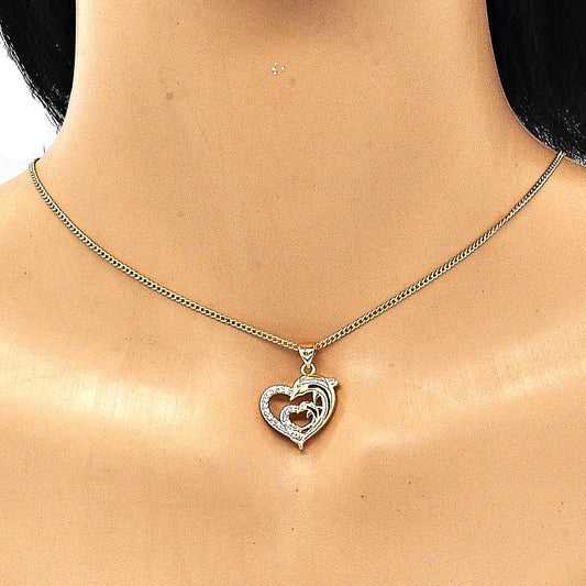 Oro Laminado Pendant Necklace, Gold Filled Style Heart and Dolphin Design, with White and Black Micro Pave, Polished, Golden Finish