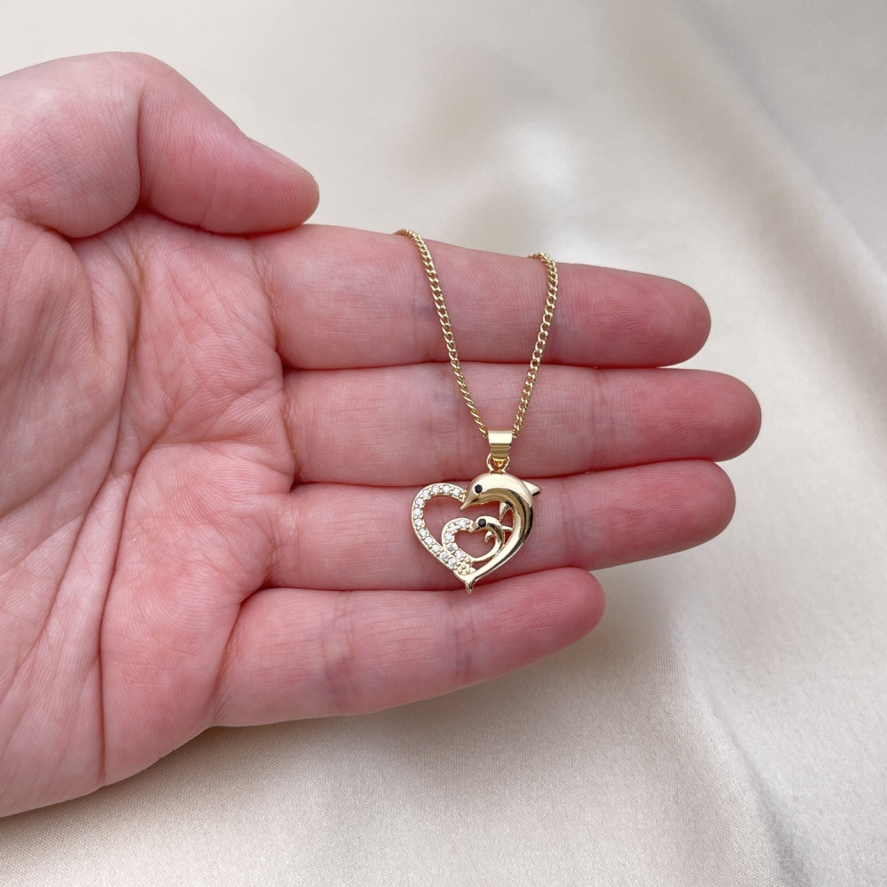 Oro Laminado Pendant Necklace, Gold Filled Style Heart and Dolphin Design, with White and Black Micro Pave, Polished, Golden Finish