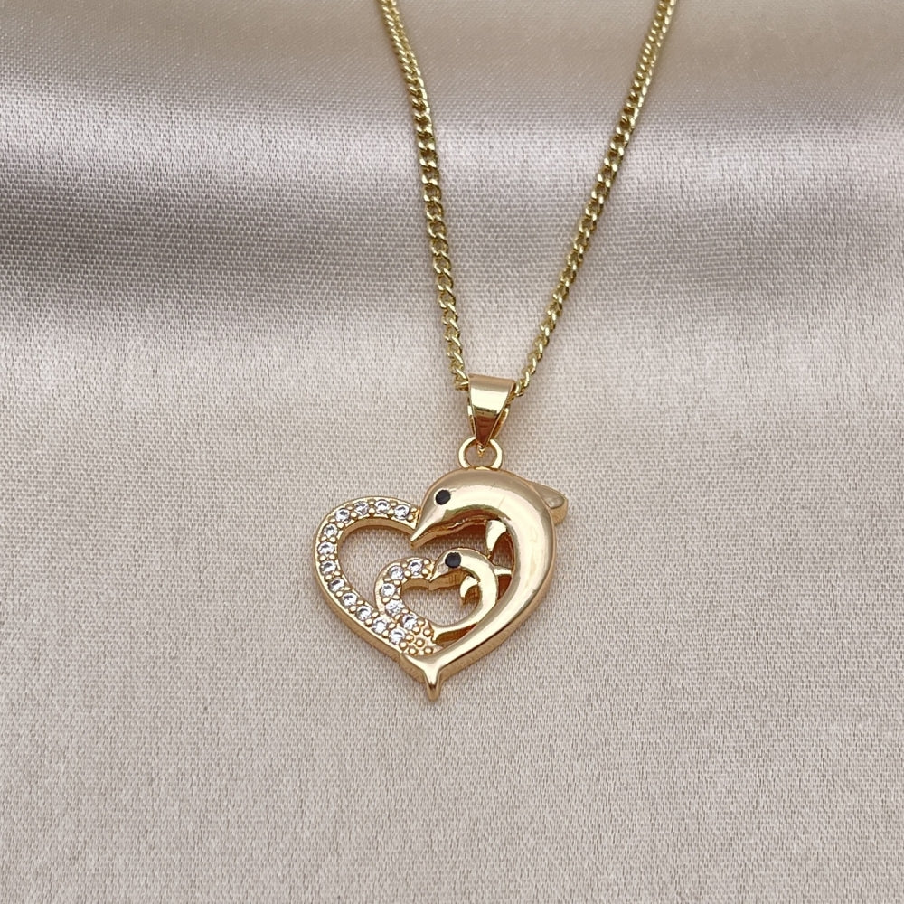 Oro Laminado Pendant Necklace, Gold Filled Style Heart and Dolphin Design, with White and Black Micro Pave, Polished, Golden Finish