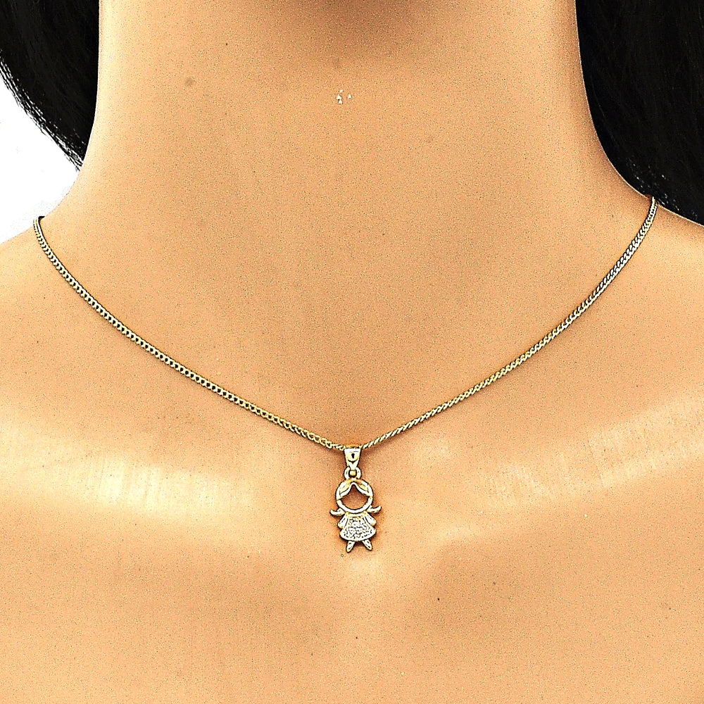 Oro Laminado Earring and Pendant Adult Set, Gold Filled Style Little Girl Design, with White Micro Pave, Polished, Golden Finish