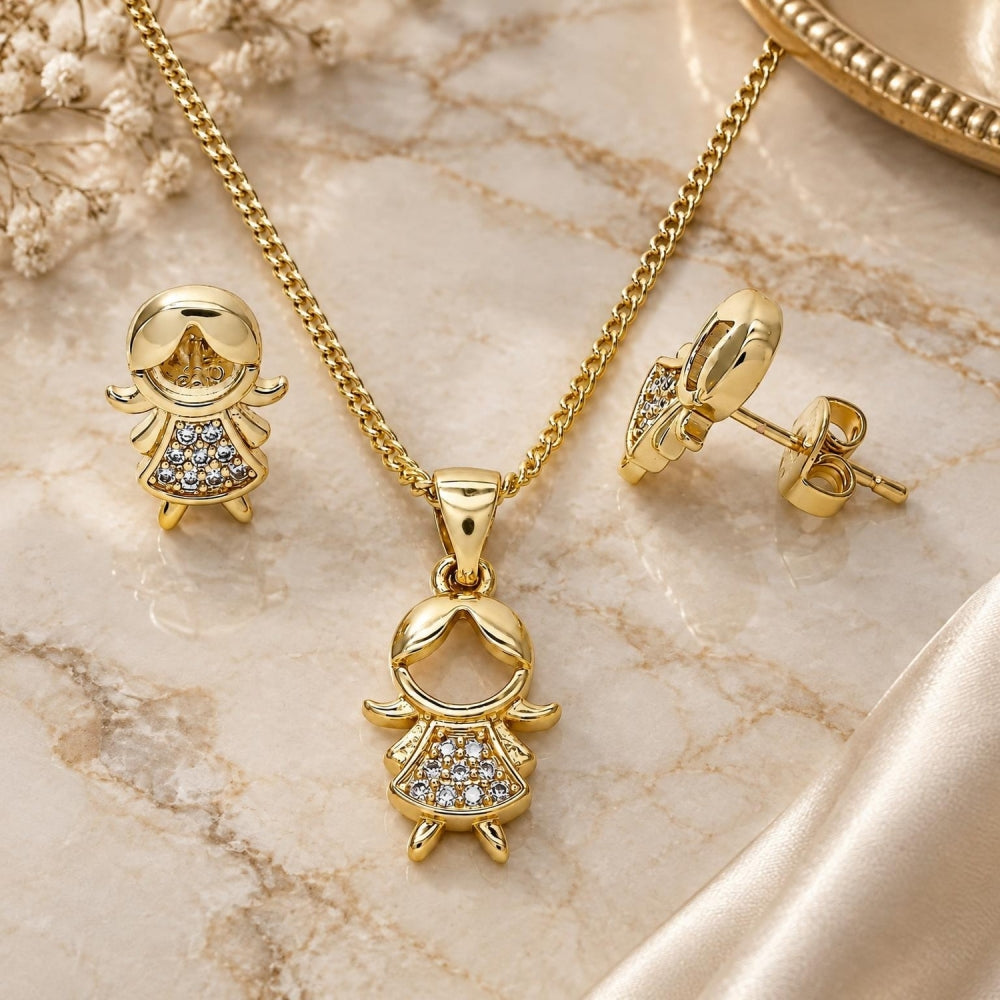 Oro Laminado Earring and Pendant Adult Set, Gold Filled Style Little Girl Design, with White Micro Pave, Polished, Golden Finish