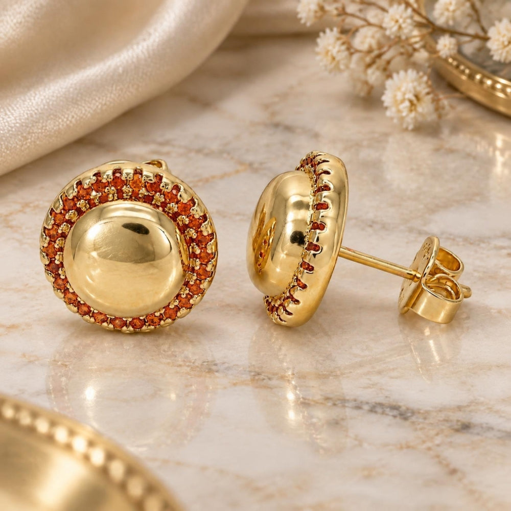 Oro Laminado Stud Earring, Gold Filled Style with Garnet Micro Pave, Polished, Golden Finish