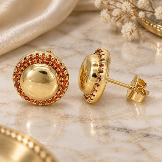Oro Laminado Stud Earring, Gold Filled Style with Garnet Micro Pave, Polished, Golden Finish