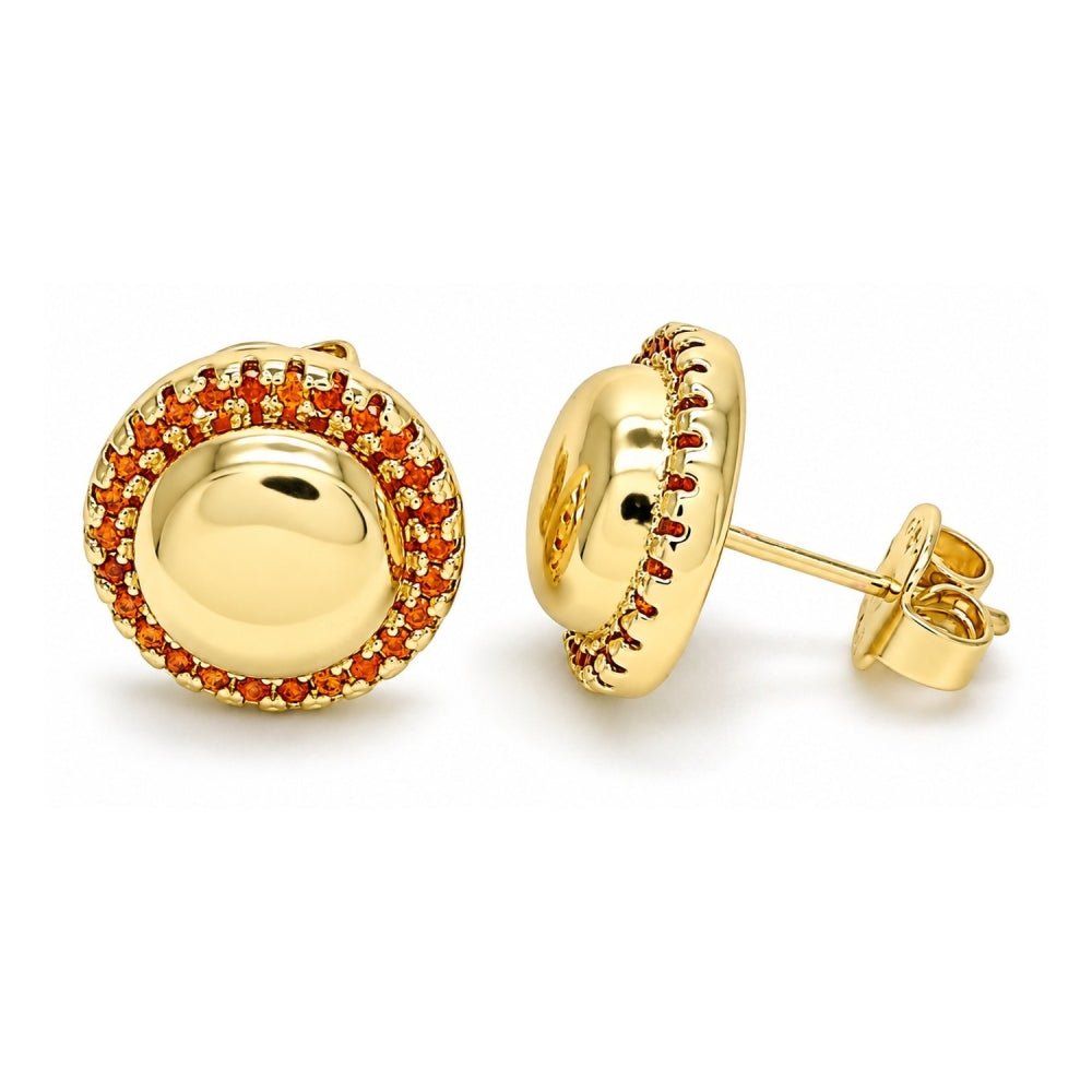 Oro Laminado Stud Earring, Gold Filled Style with Garnet Micro Pave, Polished, Golden Finish