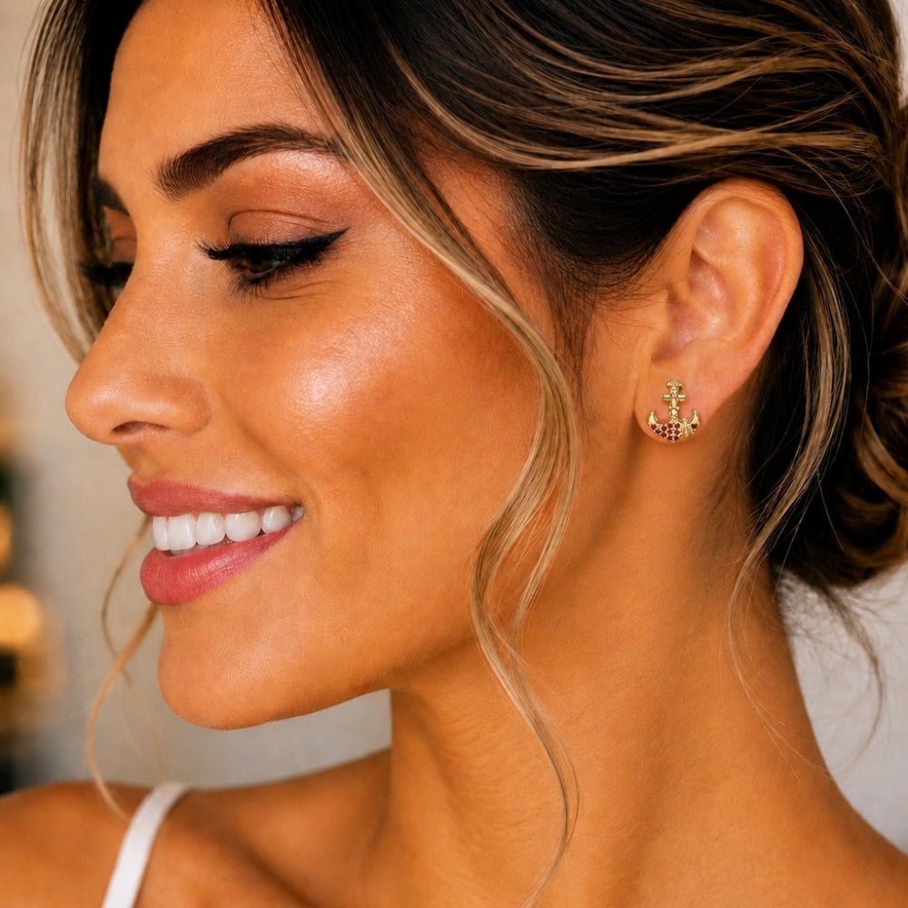 Oro Laminado Stud Earring, Gold Filled Style Anchor Design, with Garnet Micro Pave, Polished, Golden Finish