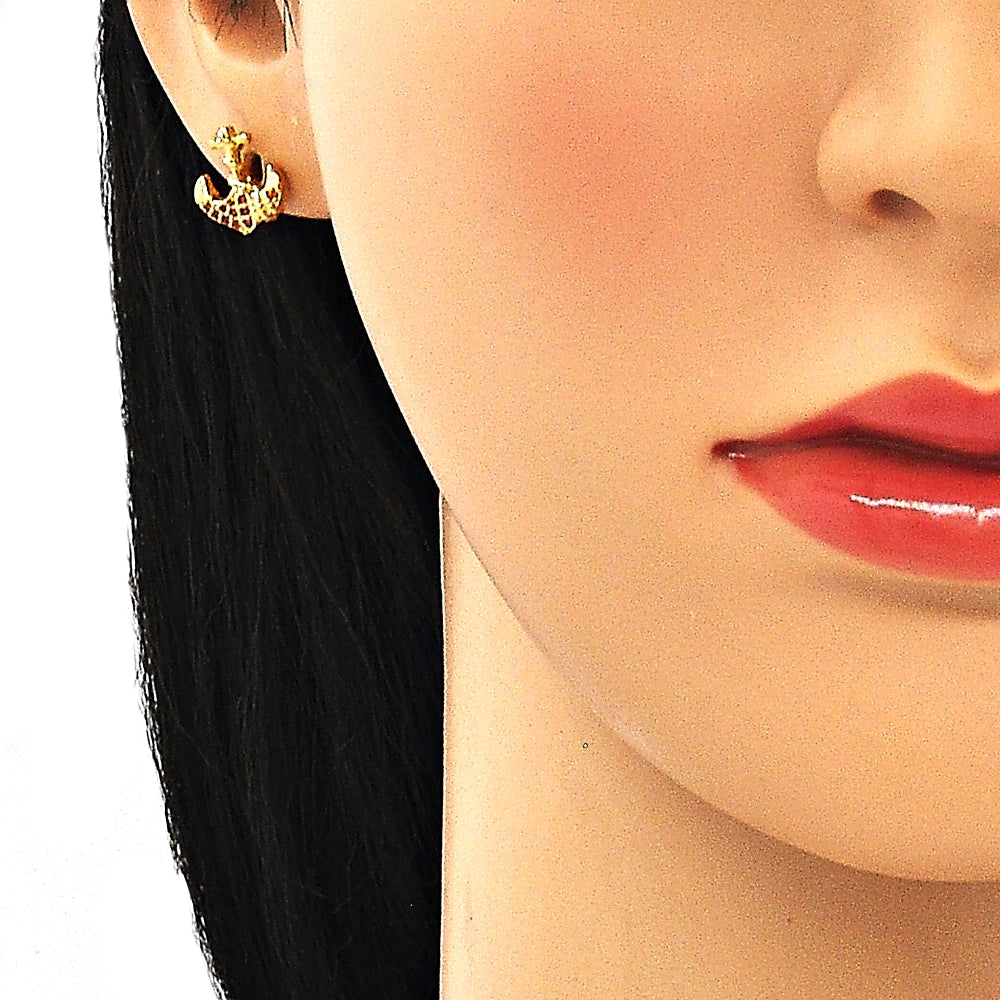Oro Laminado Stud Earring, Gold Filled Style Anchor Design, with Garnet Micro Pave, Polished, Golden Finish