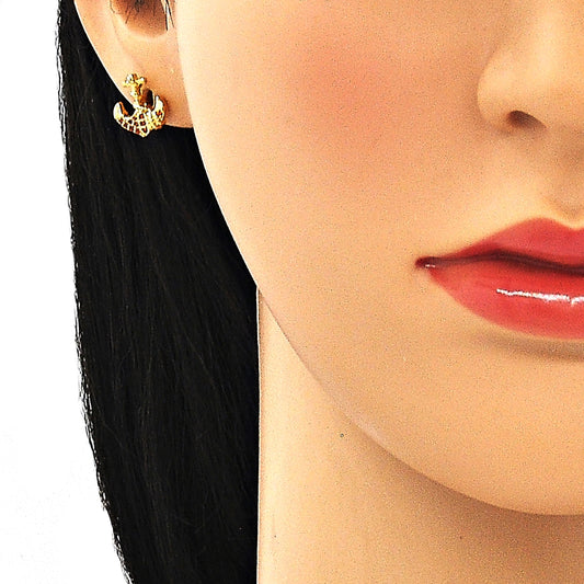 Oro Laminado Stud Earring, Gold Filled Style Anchor Design, with Garnet Micro Pave, Polished, Golden Finish