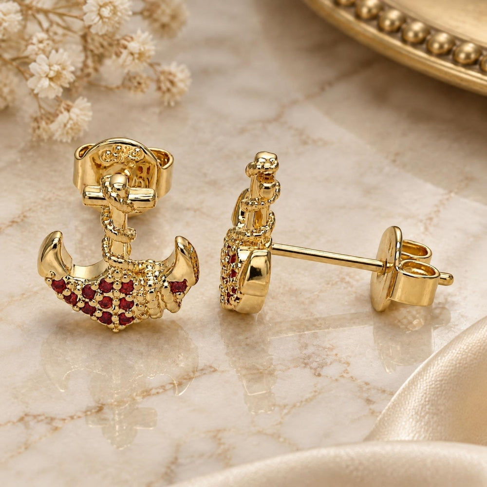 Oro Laminado Stud Earring, Gold Filled Style Anchor Design, with Garnet Micro Pave, Polished, Golden Finish