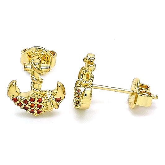 Oro Laminado Stud Earring, Gold Filled Style Anchor Design, with Garnet Micro Pave, Polished, Golden Finish