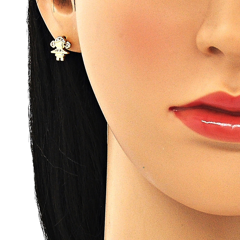 Oro Laminado Stud Earring, Gold Filled Style Little Girl Design, with White Micro Pave, Polished, Golden Finish