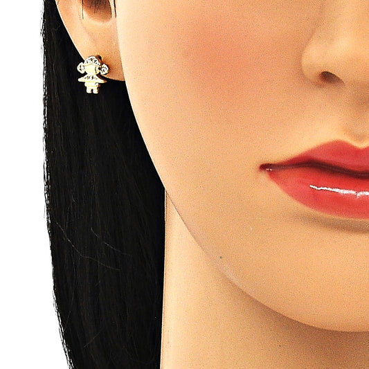 Oro Laminado Stud Earring, Gold Filled Style Little Girl Design, with White Micro Pave, Polished, Golden Finish