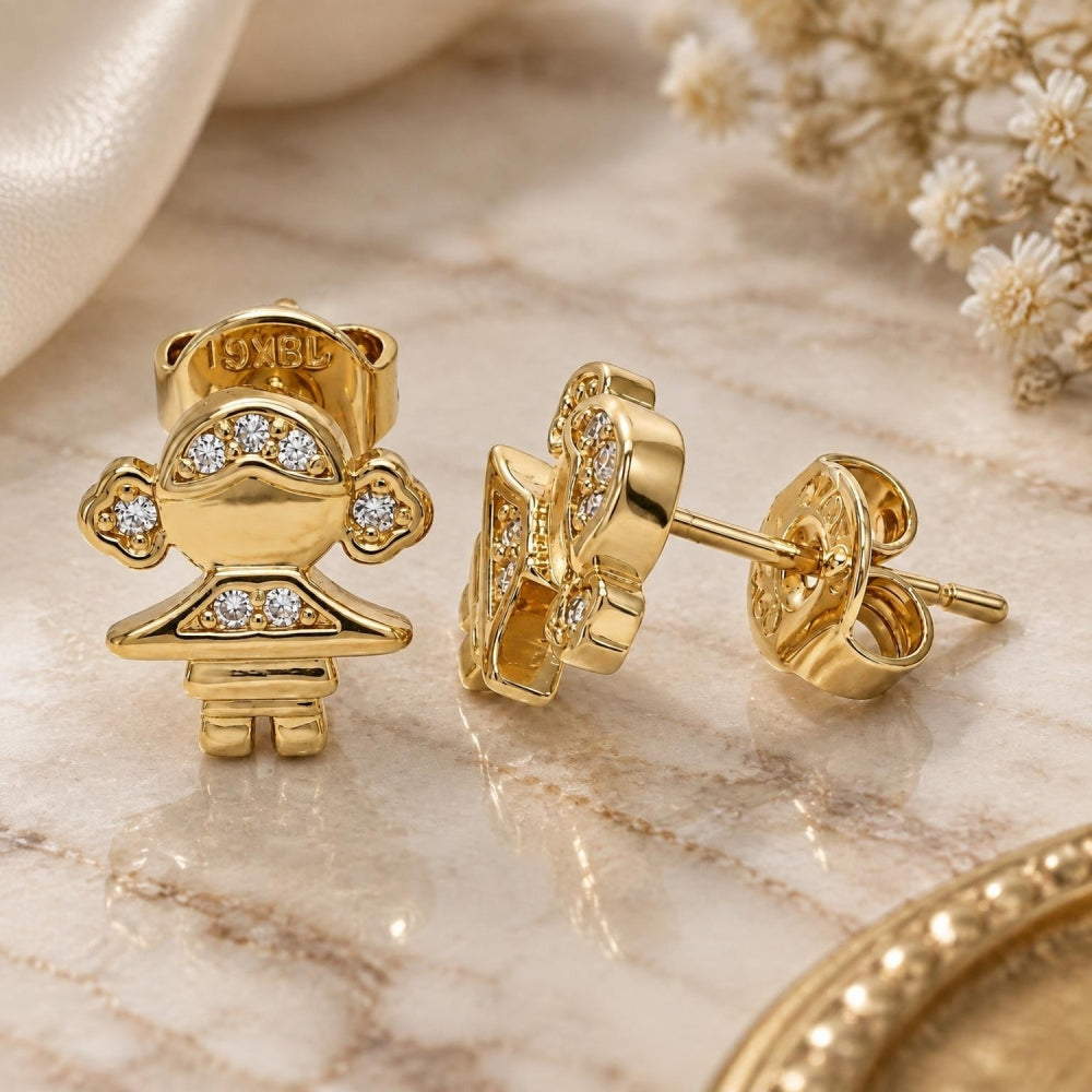 Oro Laminado Stud Earring, Gold Filled Style Little Girl Design, with White Micro Pave, Polished, Golden Finish