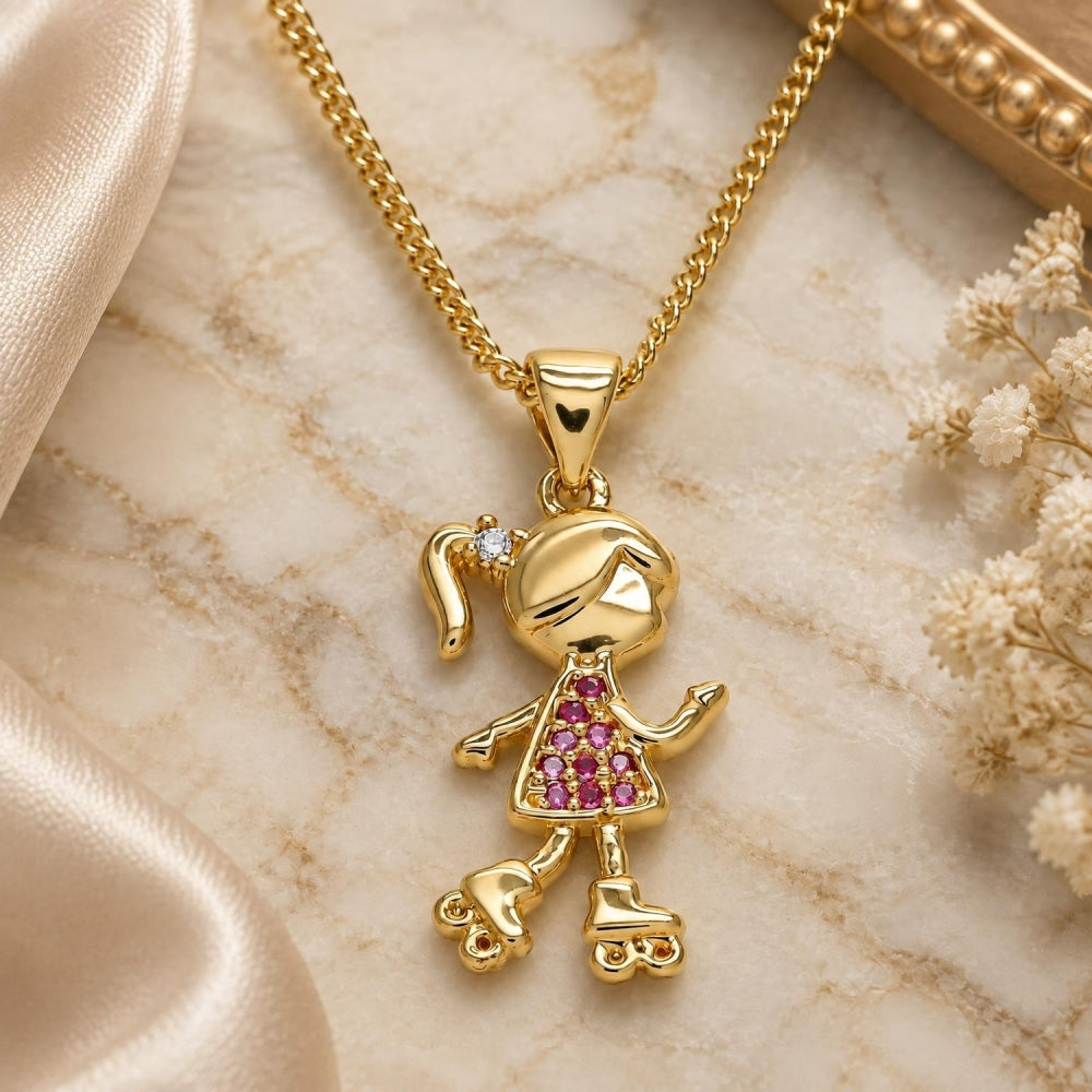 Oro Laminado Pendant Necklace, Gold Filled Style Little Girl Design, with White Micro Pave, Polished, Golden Finish