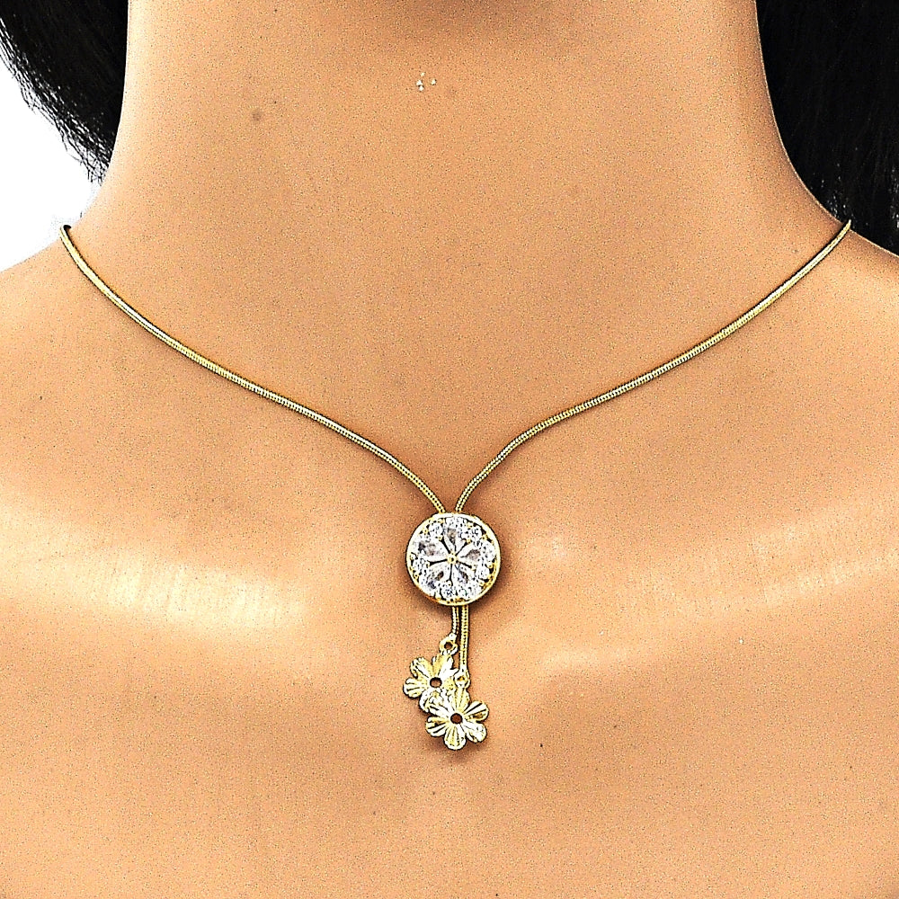 Oro Laminado Fancy Necklace, Gold Filled Style Flower Design, with White Cubic Zirconia, Polished, Golden Finish