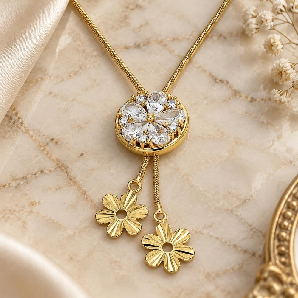 Oro Laminado Fancy Necklace, Gold Filled Style Flower Design, with White Cubic Zirconia, Polished, Golden Finish