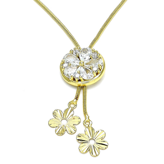 Oro Laminado Fancy Necklace, Gold Filled Style Flower Design, with White Cubic Zirconia, Polished, Golden Finish