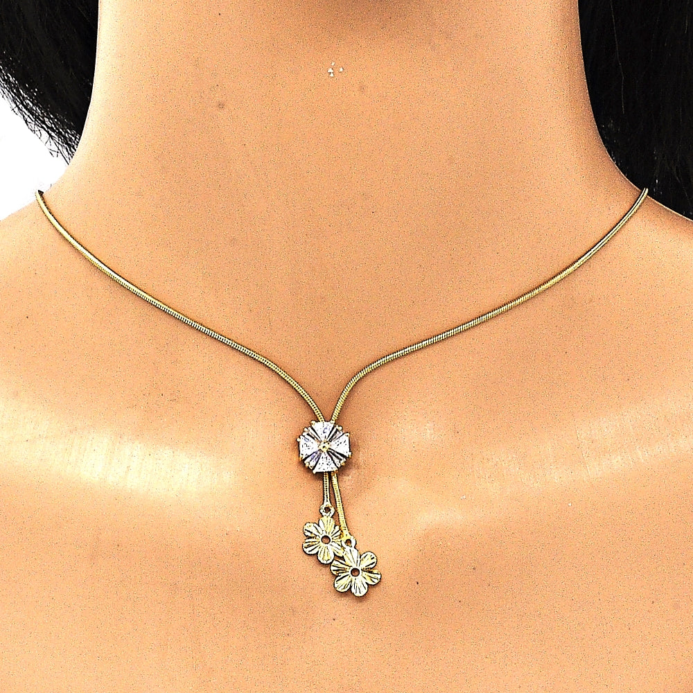 Oro Laminado Fancy Necklace, Gold Filled Style Flower Design, with White Cubic Zirconia, Polished, Golden Finish