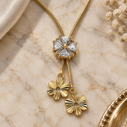 Oro Laminado Fancy Necklace, Gold Filled Style Flower Design, with White Cubic Zirconia, Polished, Golden Finish