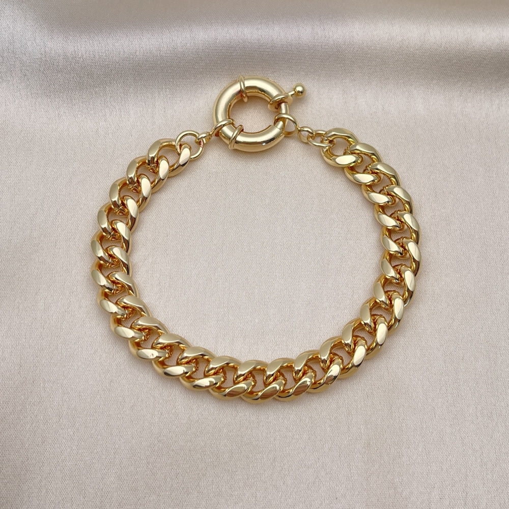 Oro Laminado Basic Bracelet, Gold Filled Style Miami Cuban Design, Polished, Golden Finish