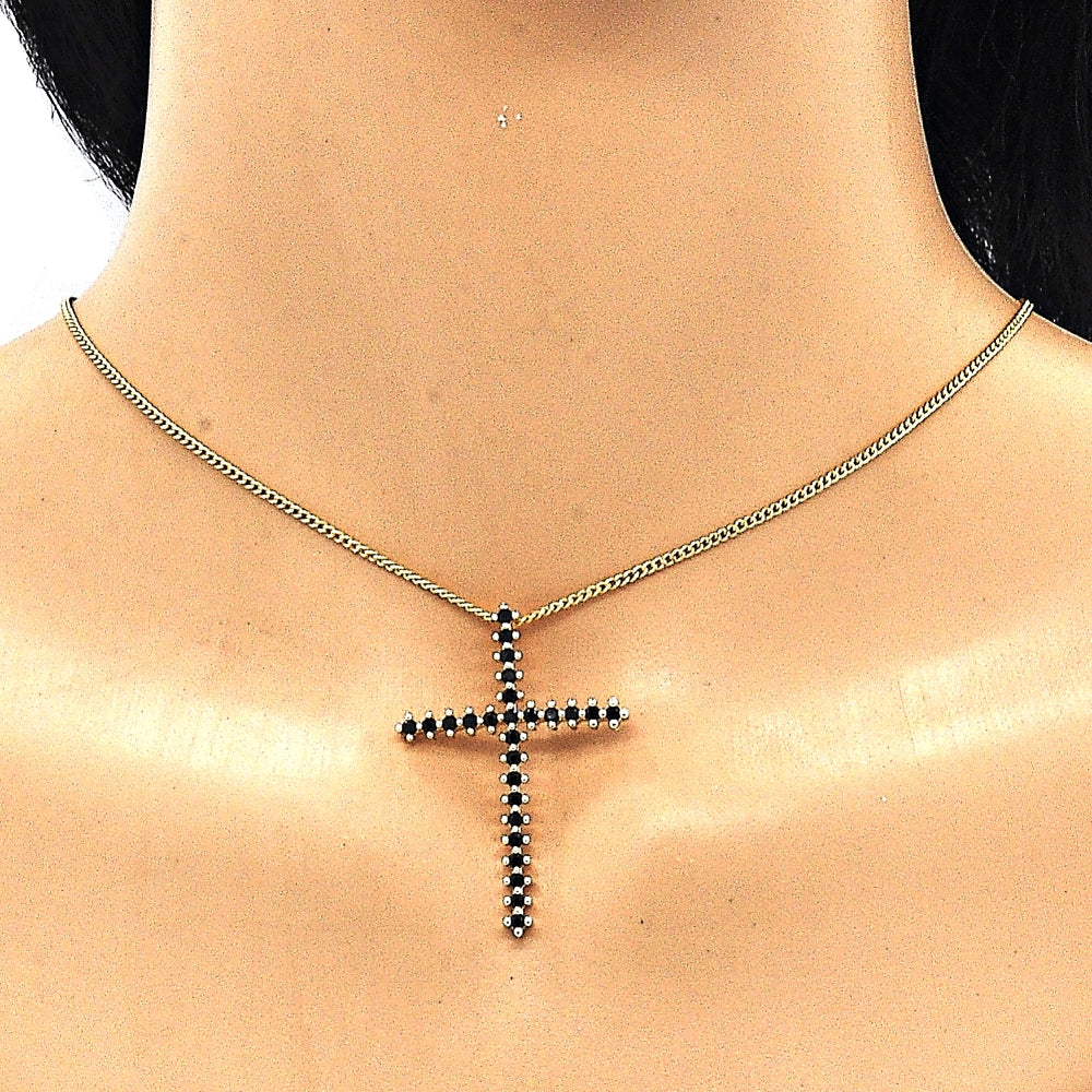 Oro Laminado Pendant Necklace, Gold Filled Style Cross Design, with Black Cubic Zirconia, Polished, Golden Finish