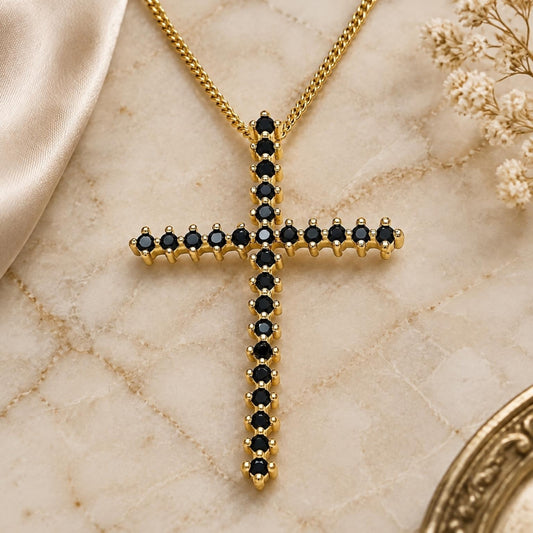 Oro Laminado Pendant Necklace, Gold Filled Style Cross Design, with Black Cubic Zirconia, Polished, Golden Finish