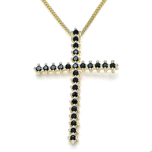 Oro Laminado Pendant Necklace, Gold Filled Style Cross Design, with Black Cubic Zirconia, Polished, Golden Finish
