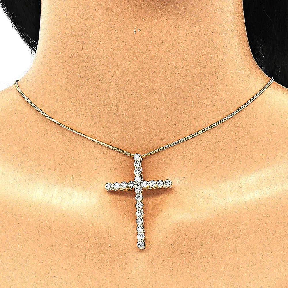 Oro Laminado Pendant Necklace, Gold Filled Style Cross Design, with White Cubic Zirconia, Polished, Golden Finish