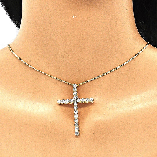 Oro Laminado Pendant Necklace, Gold Filled Style Cross Design, with White Cubic Zirconia, Polished, Golden Finish