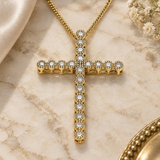 Oro Laminado Pendant Necklace, Gold Filled Style Cross Design, with White Cubic Zirconia, Polished, Golden Finish