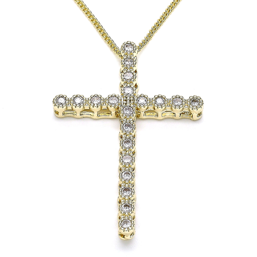 Oro Laminado Pendant Necklace, Gold Filled Style Cross Design, with White Cubic Zirconia, Polished, Golden Finish