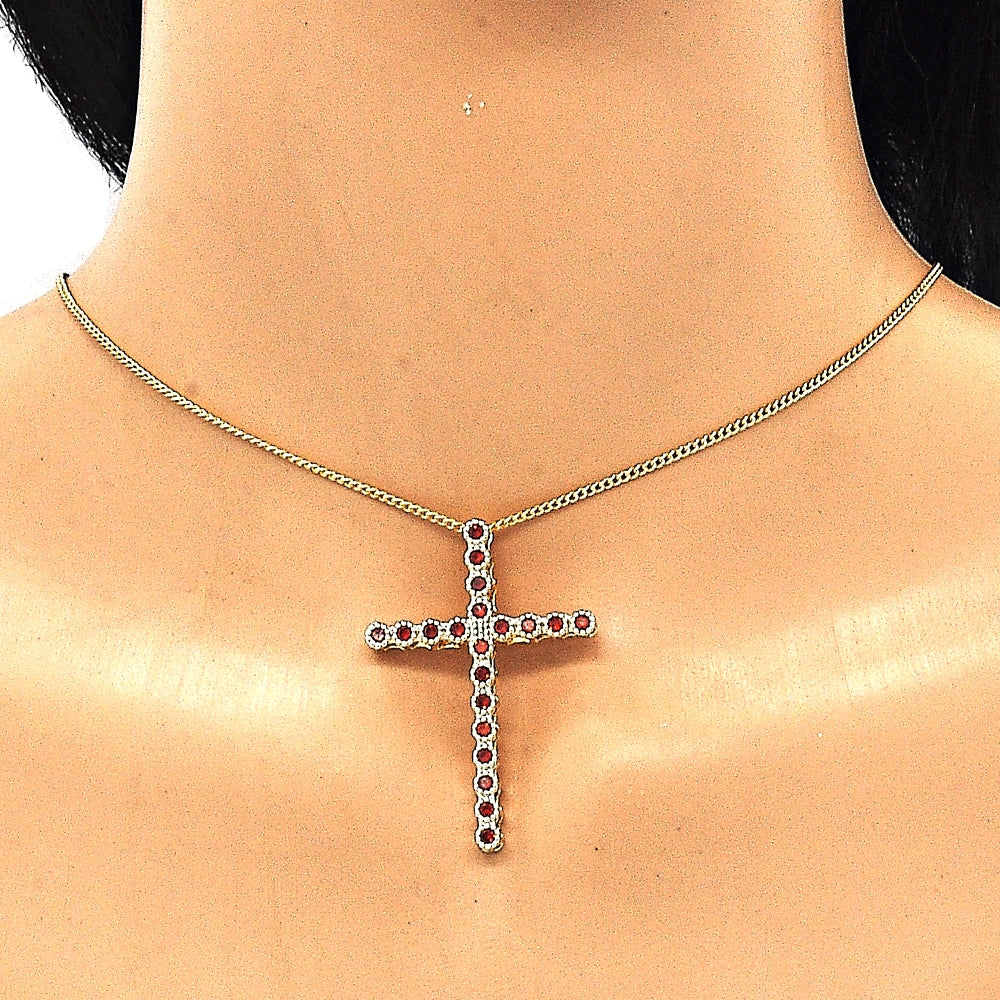 Oro Laminado Pendant Necklace, Gold Filled Style Cross Design, with Garnet Cubic Zirconia, Polished, Golden Finish