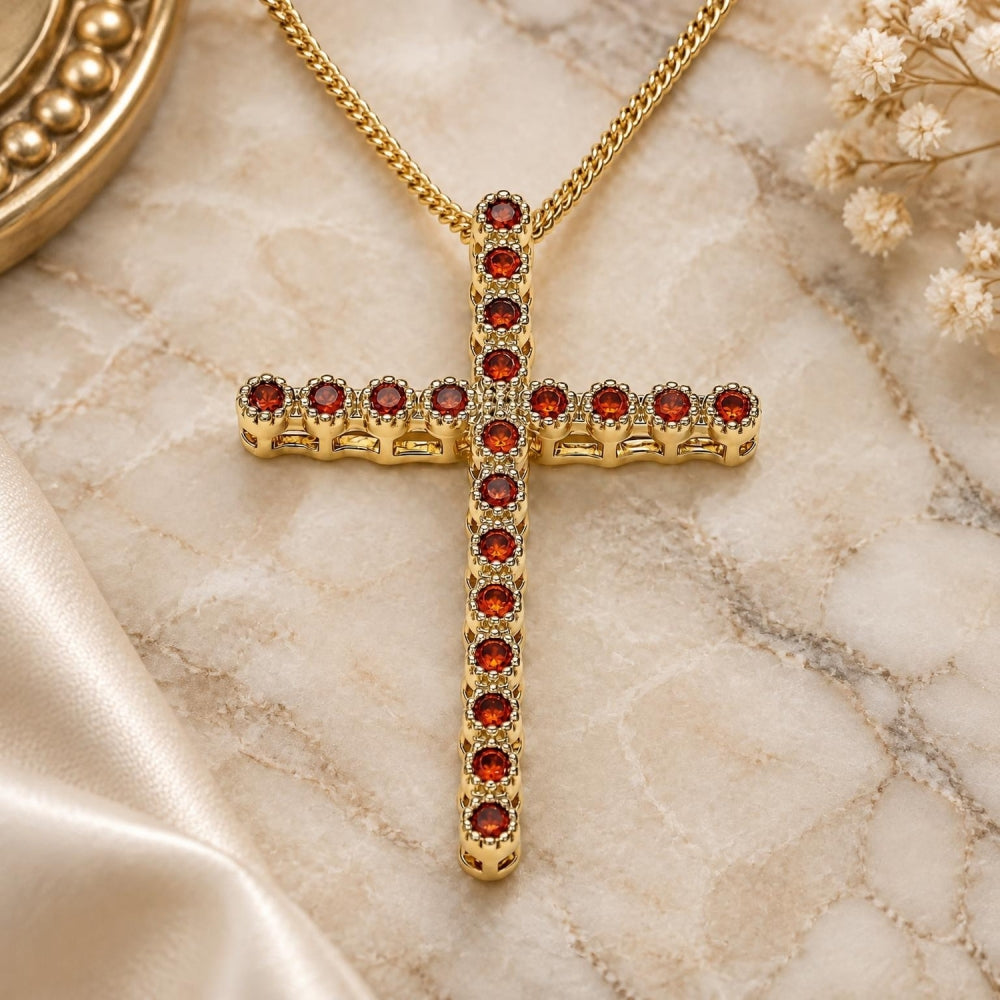 Oro Laminado Pendant Necklace, Gold Filled Style Cross Design, with Garnet Cubic Zirconia, Polished, Golden Finish